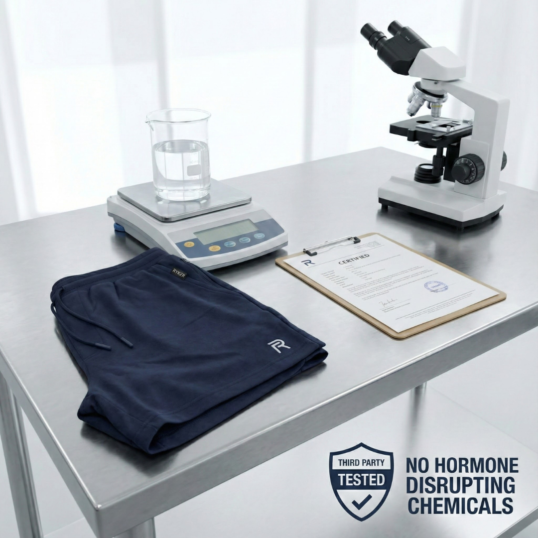 Microscope, scale with beaker, shorts, certificate on a table with testing badge.