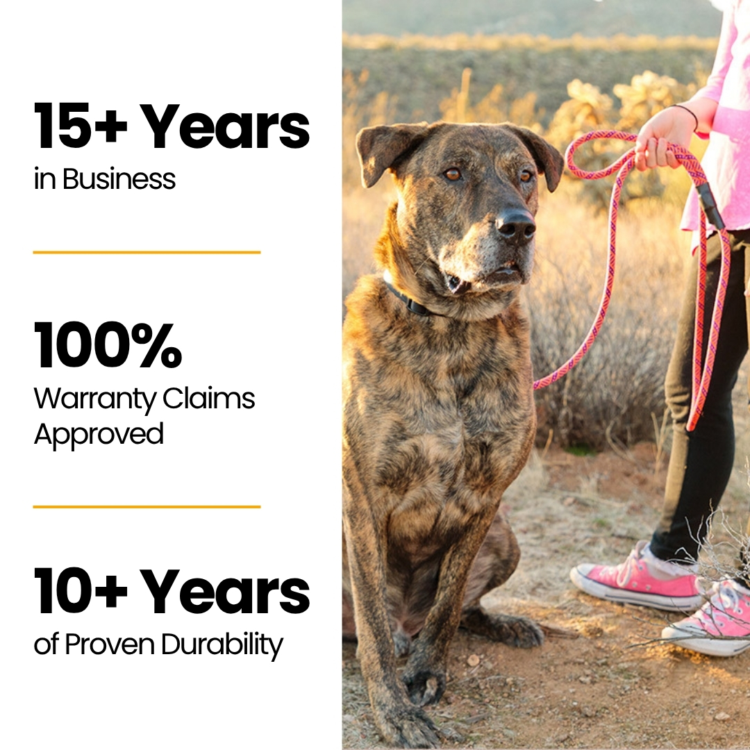 Dog on a leash with text about business longevity and warranty claims.