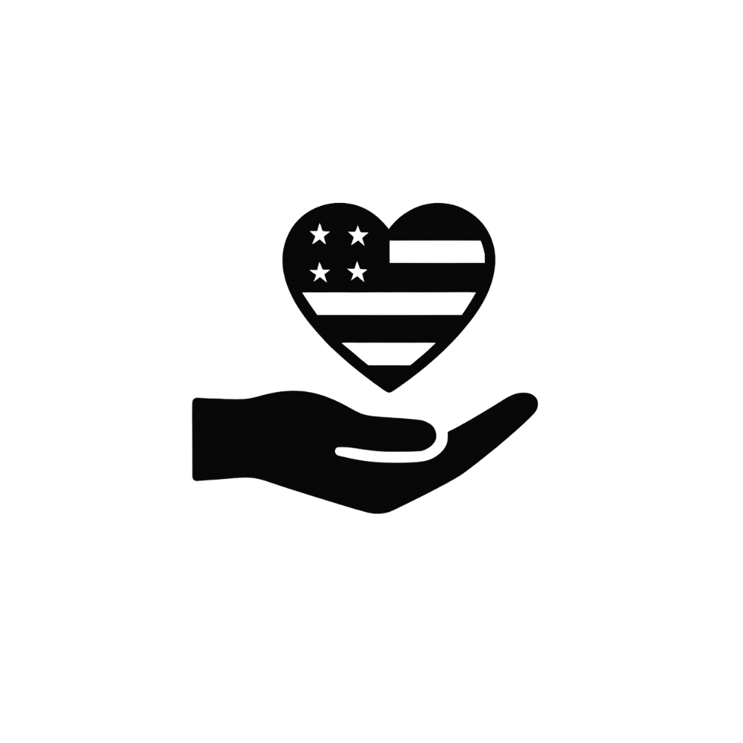Silhouette of a hand holding a heart with stars and stripes.