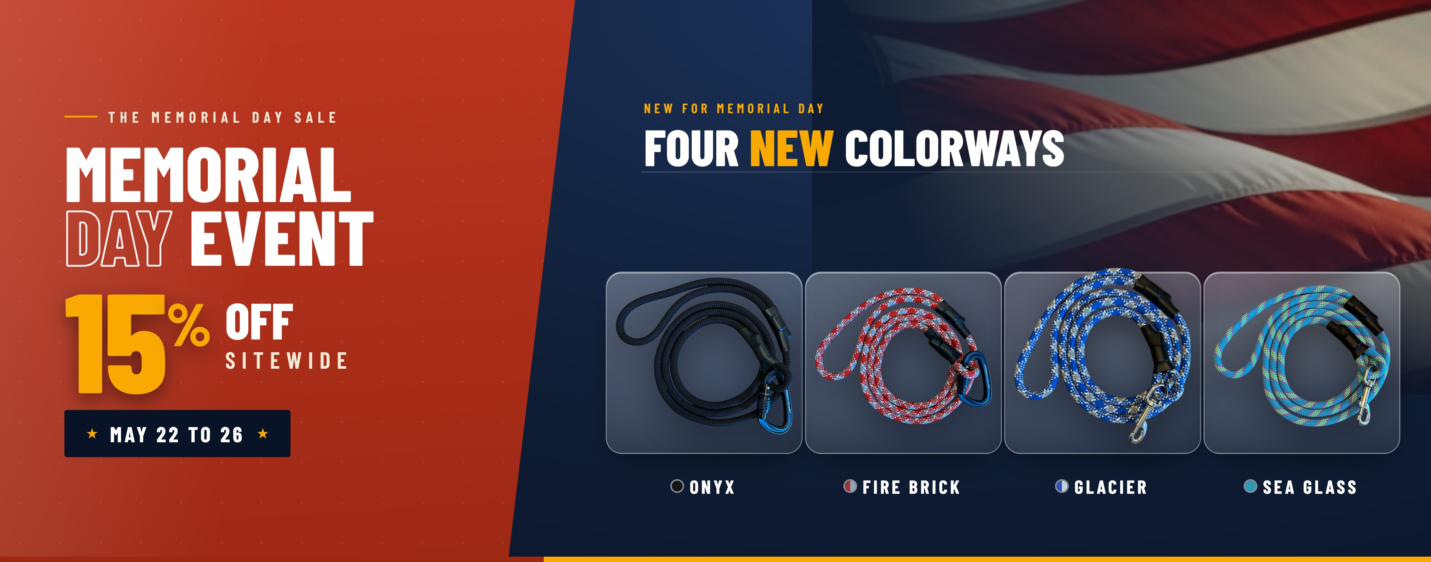 A Memorial Day sale banner advertising 15% off sitewide and four new rope colorways.