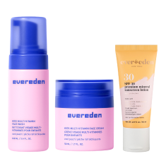 Three evereden kids' skincare products: a face wash, a face cream, and a mineral sunscreen lotion.