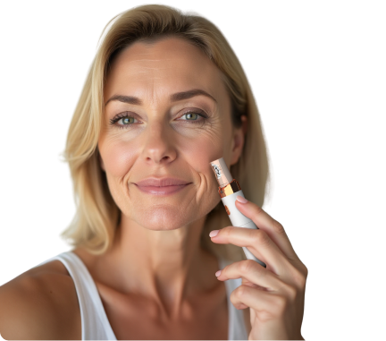 Woman holding a small beauty device to her face, smiling.