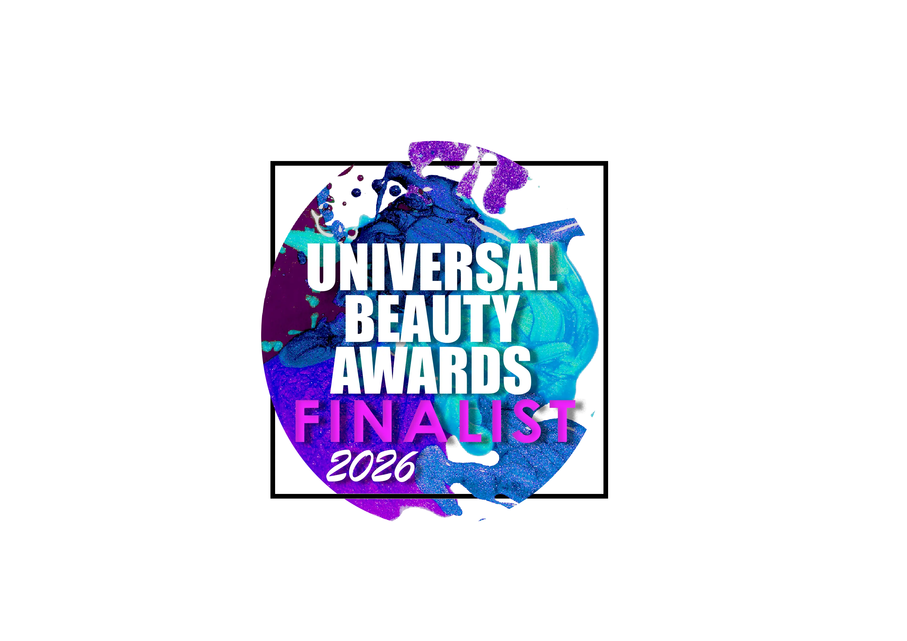 The Universal Beauty Awards Finalist 2026 logo over a colorful splash of paint on a green background.