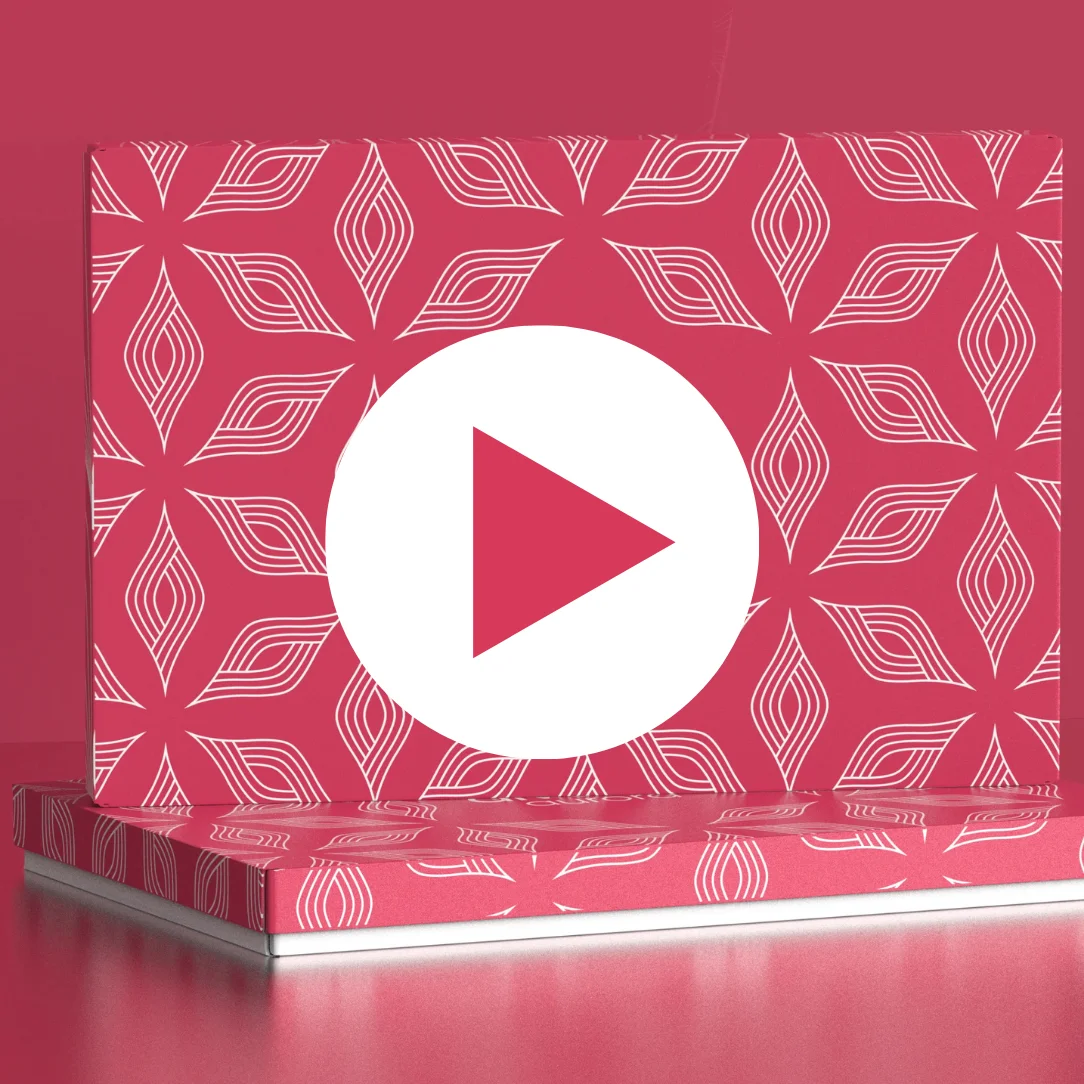 Patterned pink box with a white play button symbol.
