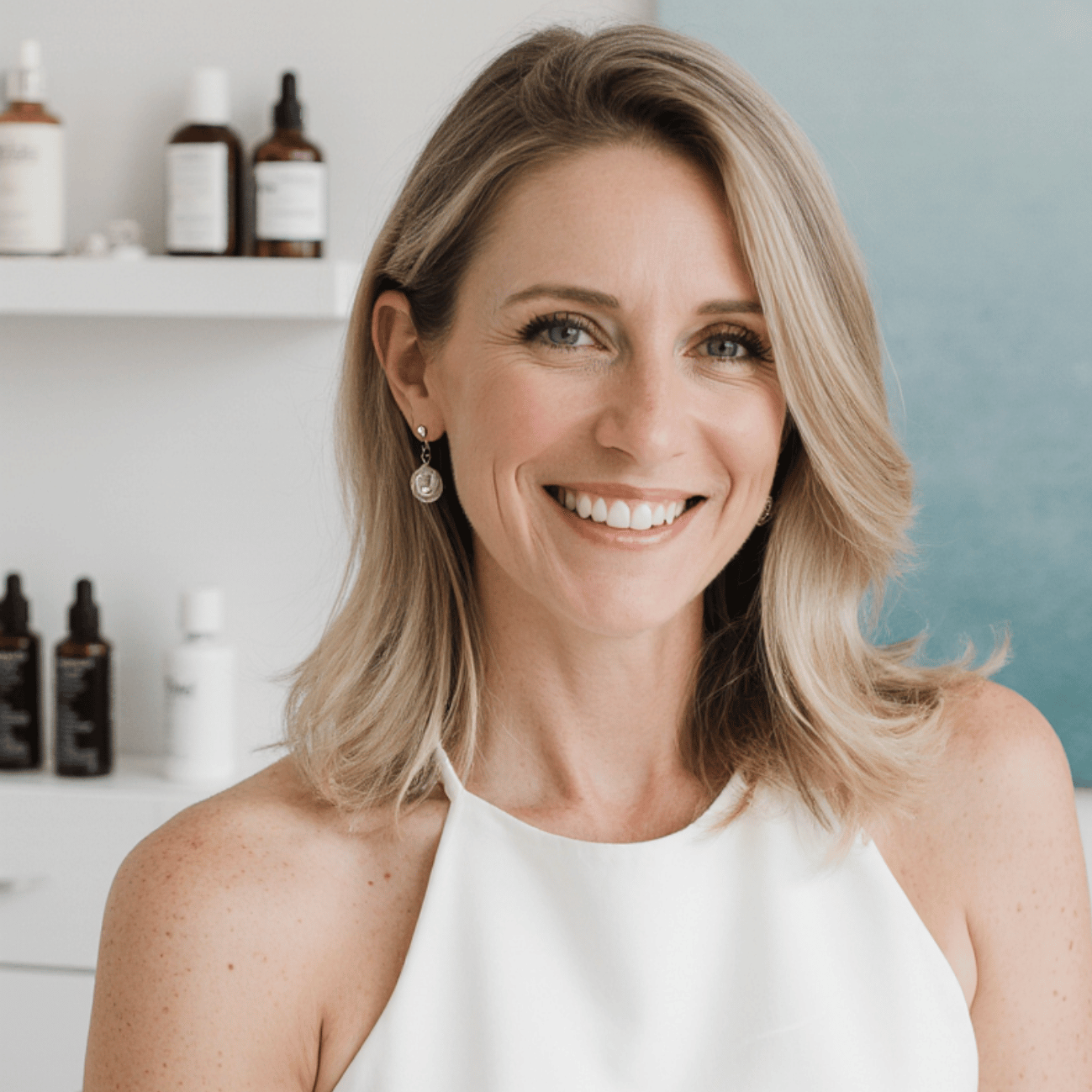 Smiling woman in a white top with bottles on a shelf behind her.