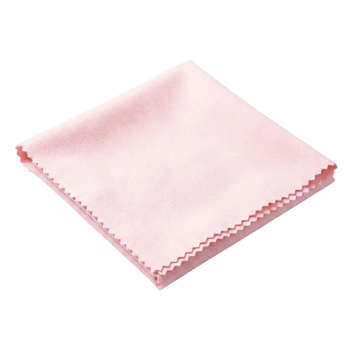 A folded, square, pink microfiber cloth with serrated edges, shown on a white background.