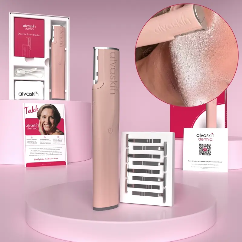 Alvaskin dermaplaning tool with packaging and close-up usage view on pink background.