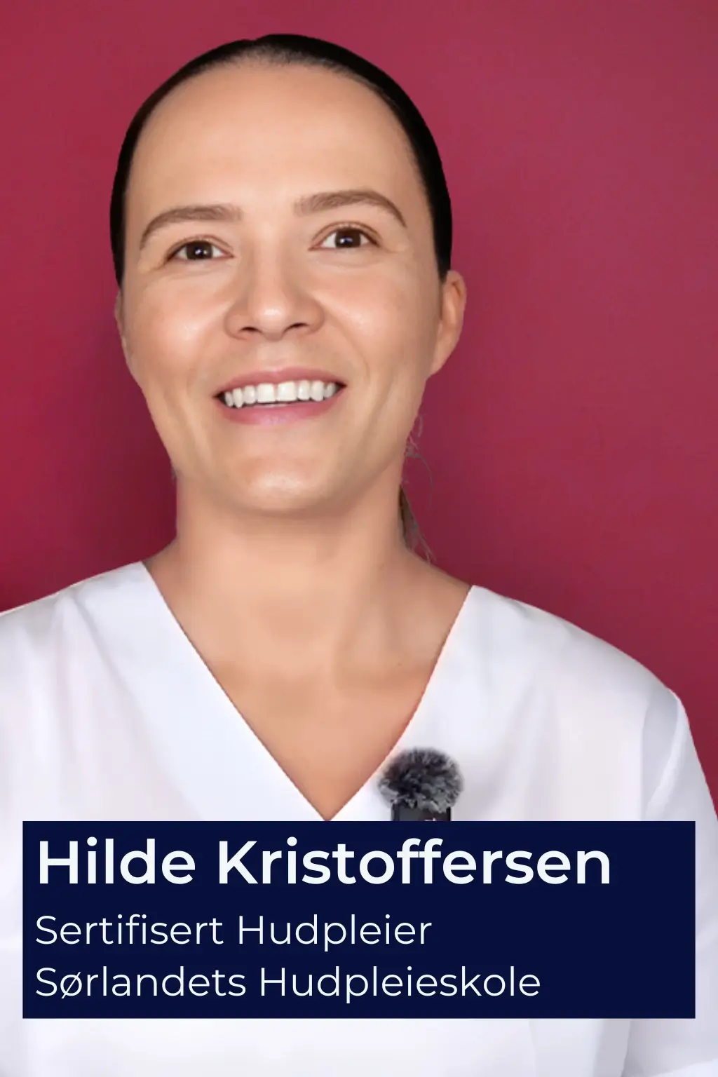 Smiling person in white attire against a red background with text overlay.