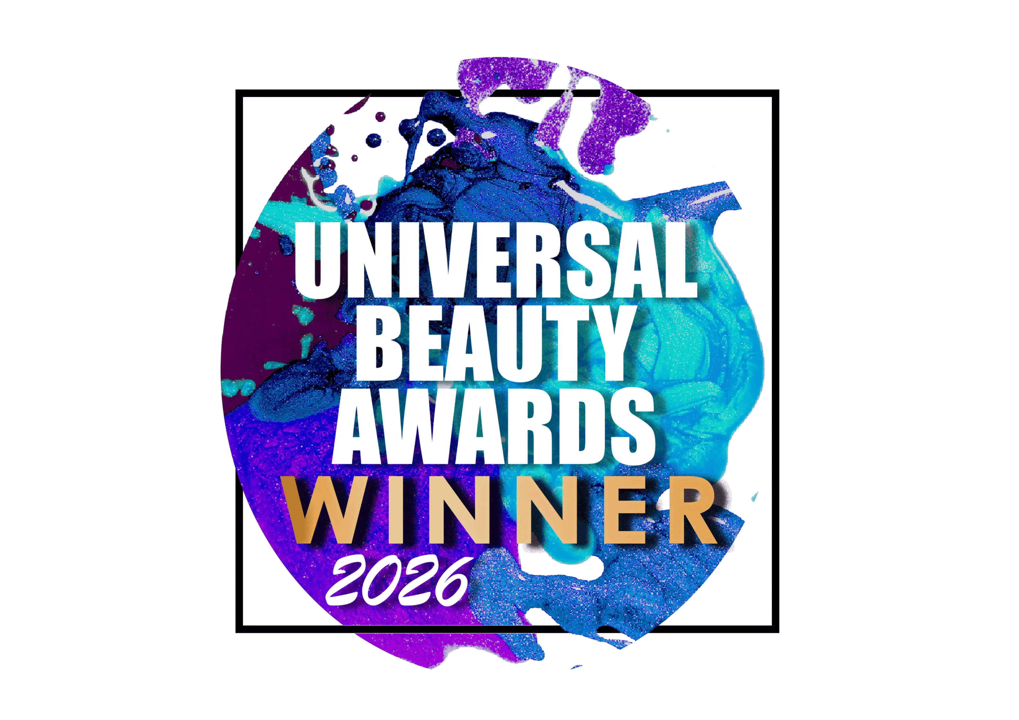 The Universal Beauty Awards Winner 2026 logo on a background of blue and purple paint splashes.