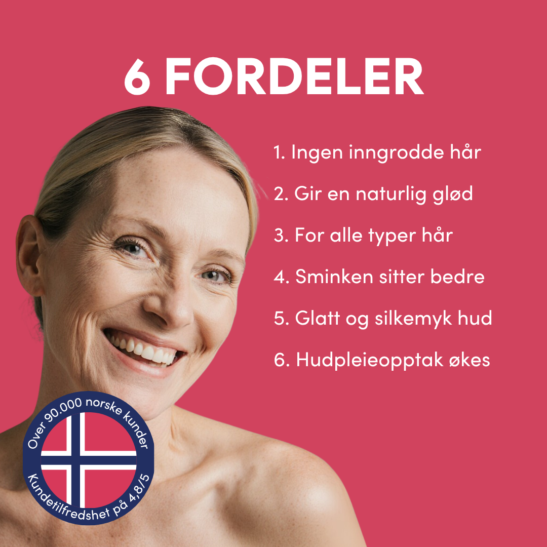 A smiling woman on a pink background with a numbered list in Norwegian and a Norwegian flag badge.