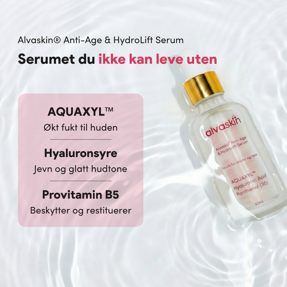 Serum bottle on pink background with product information in Norwegian.