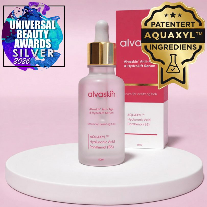 Alvaskin serum bottle and box with AQUAXYL ingredient badge on pink background.