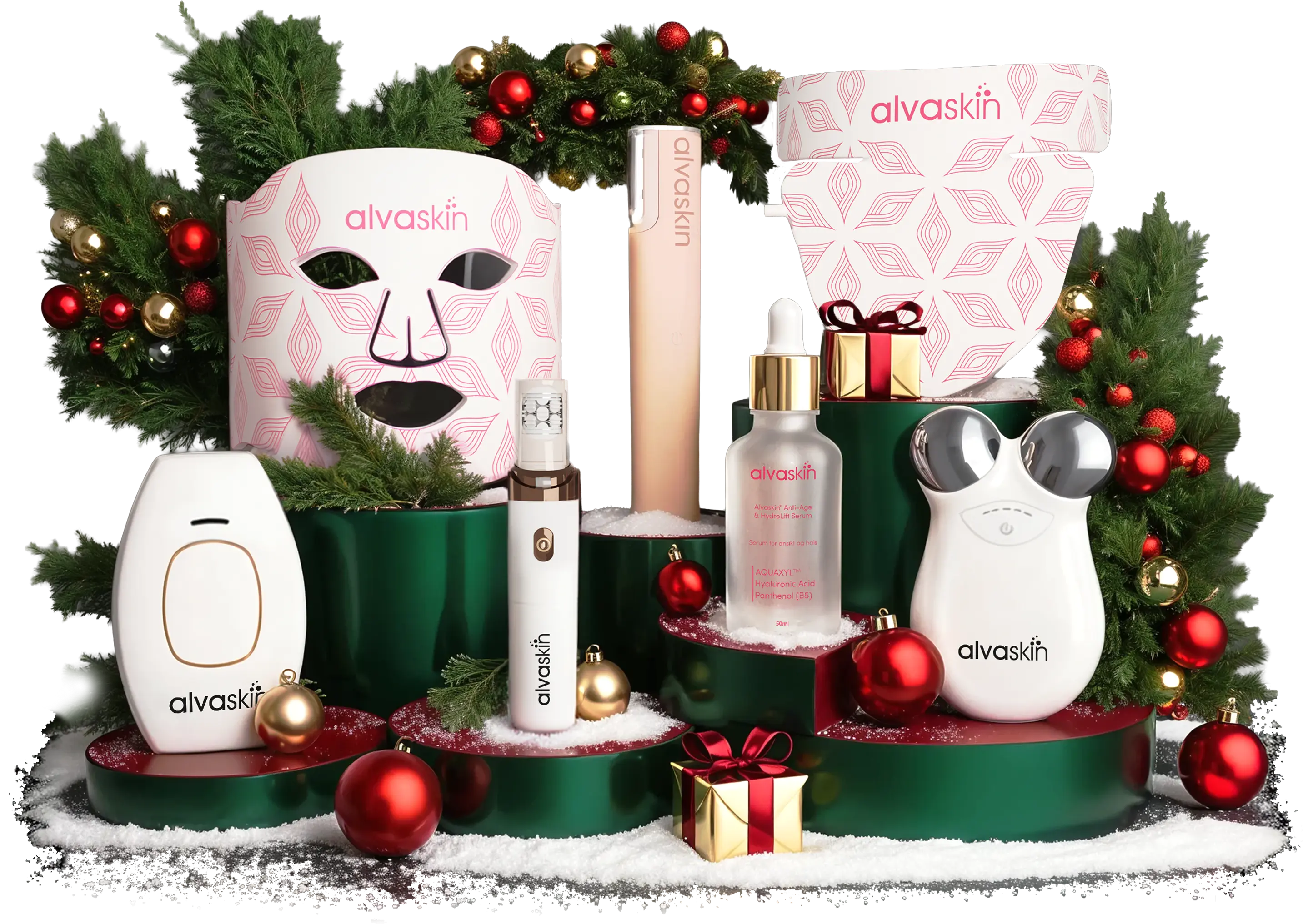 Array of skincare products and gift boxes with festive decorations.