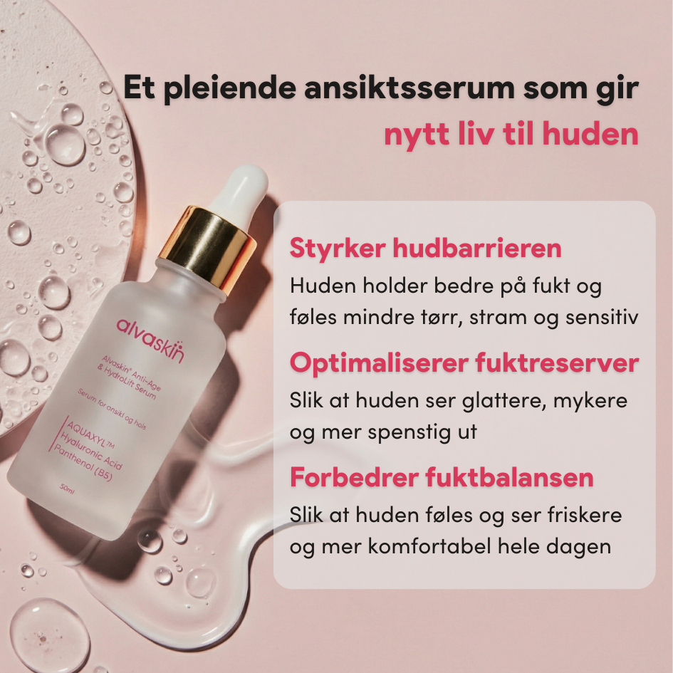 Frosted glass serum bottle with golden cap on a pink wet surface with water droplets.