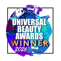 Universal Beauty Awards Winner 2026 logo on a purple and blue abstract background.