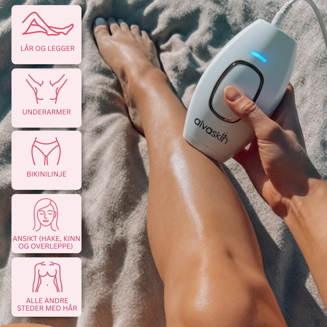 Person using a handheld hair removal device on their leg.