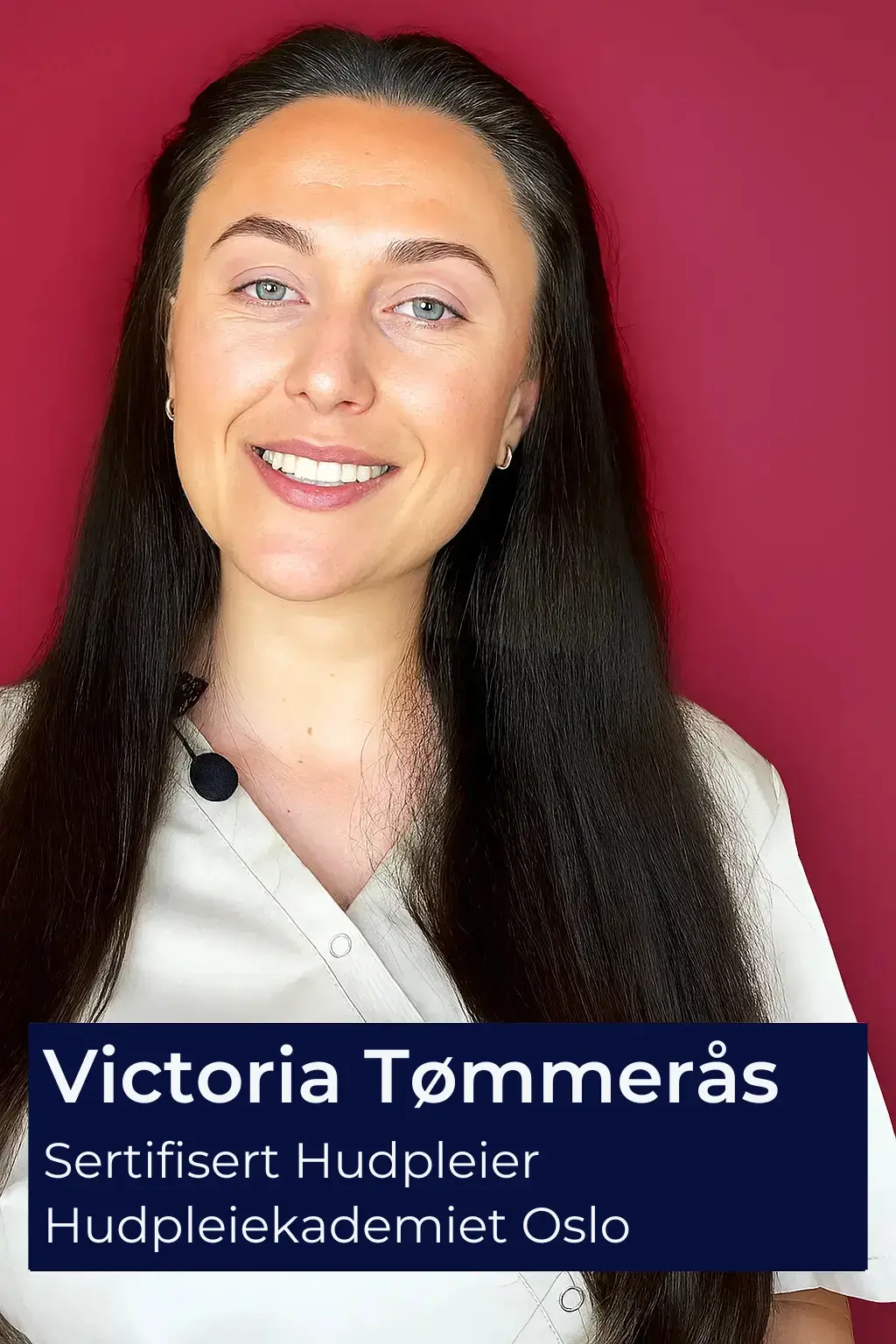 Person smiling against a red background with text overlay at the bottom.