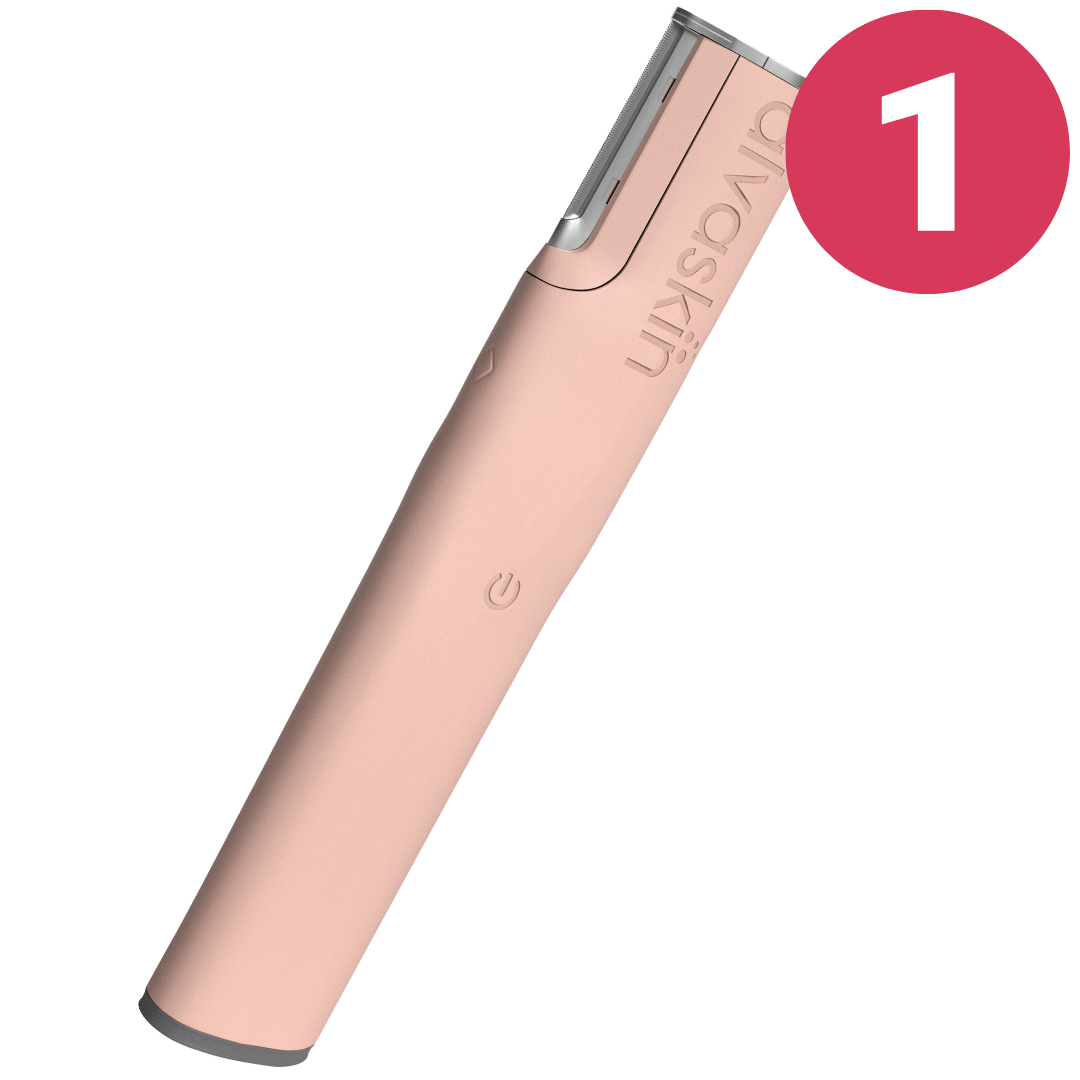 Pink electric trimmer with a power button and a red circle with number 1.