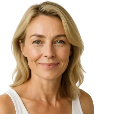 Smiling woman with blonde hair wearing a white tank top.