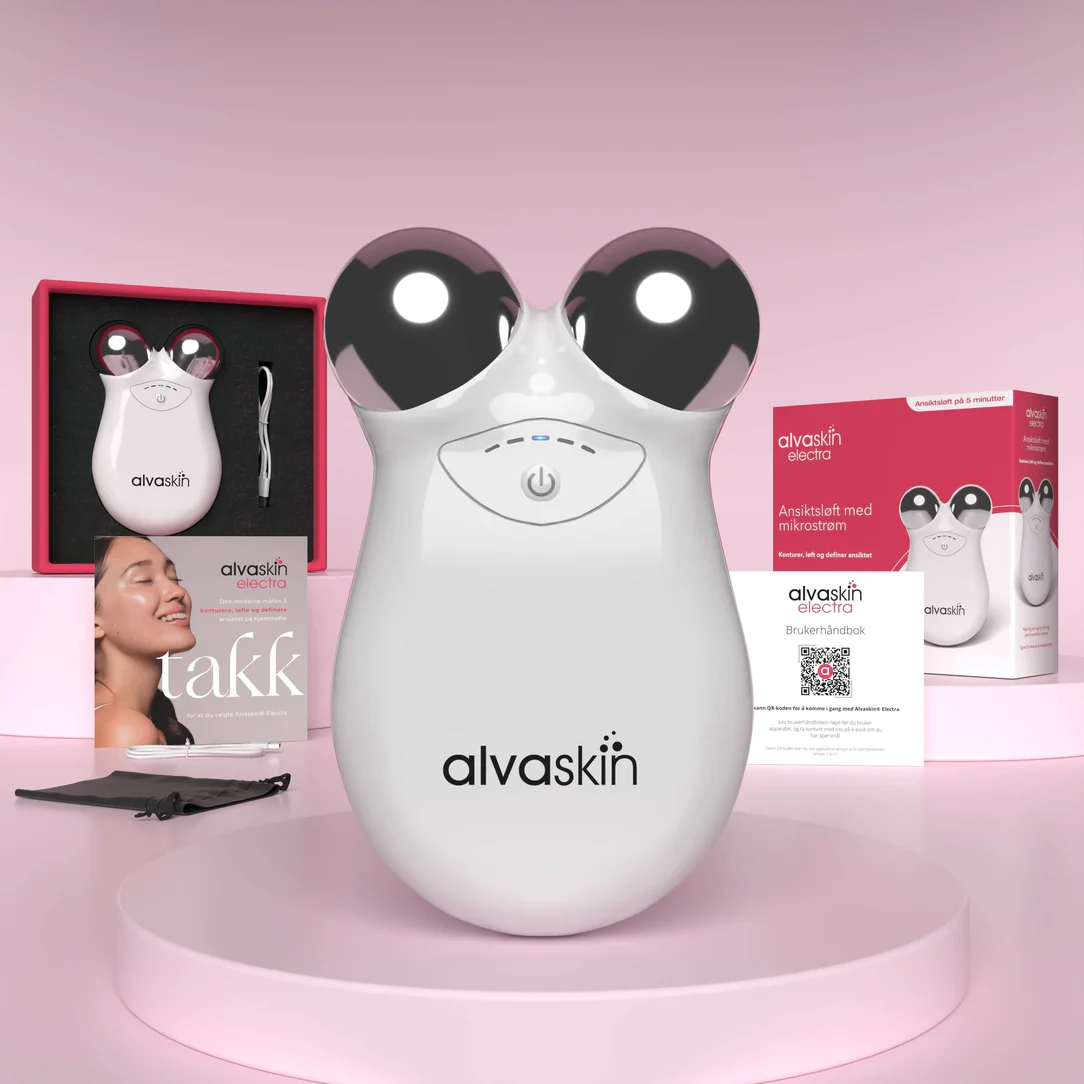 White skincare device with metallic spheres, packaging, and brochure on a pink background.