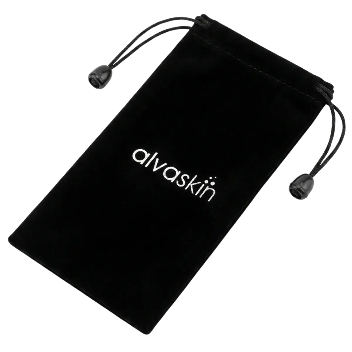 A black velvet drawstring pouch with the word 'alvaskin' embroidered in white on the front.