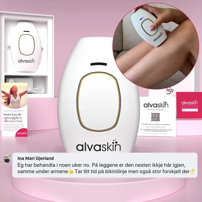 A hair removal device with packaging and a person using it on their leg.