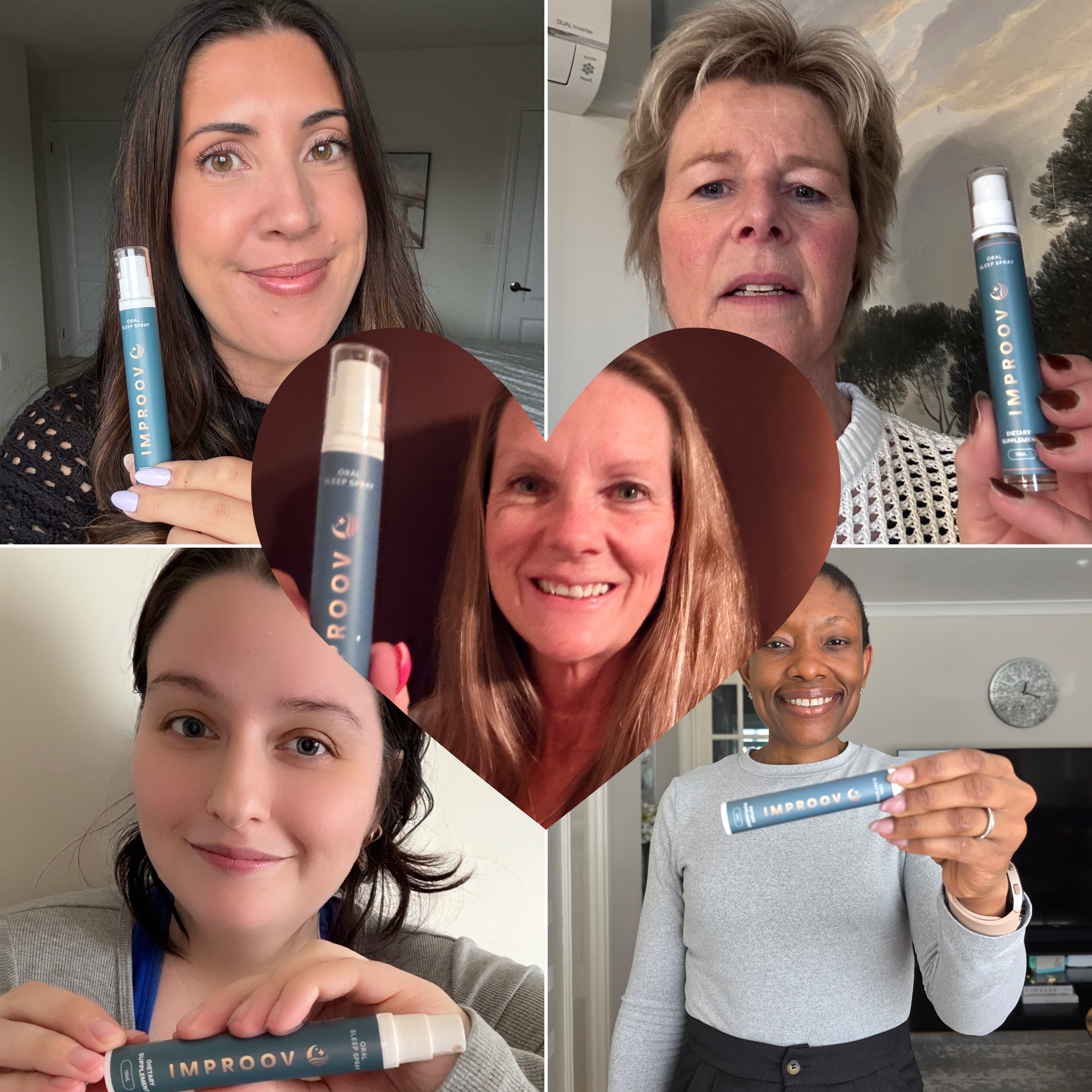 A photo collage of five different women, each holding an IMPROOV oral sleep spray product.