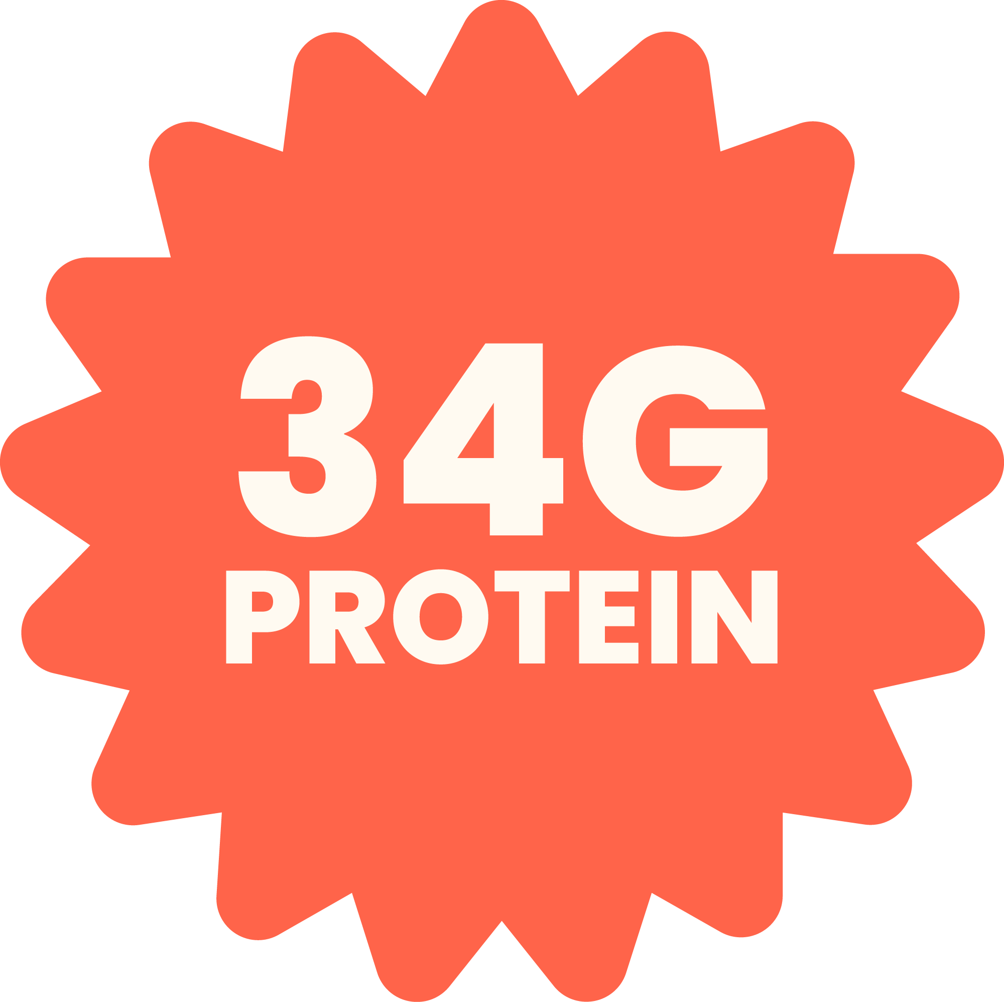 Orange starburst with '34G Protein' text in white.