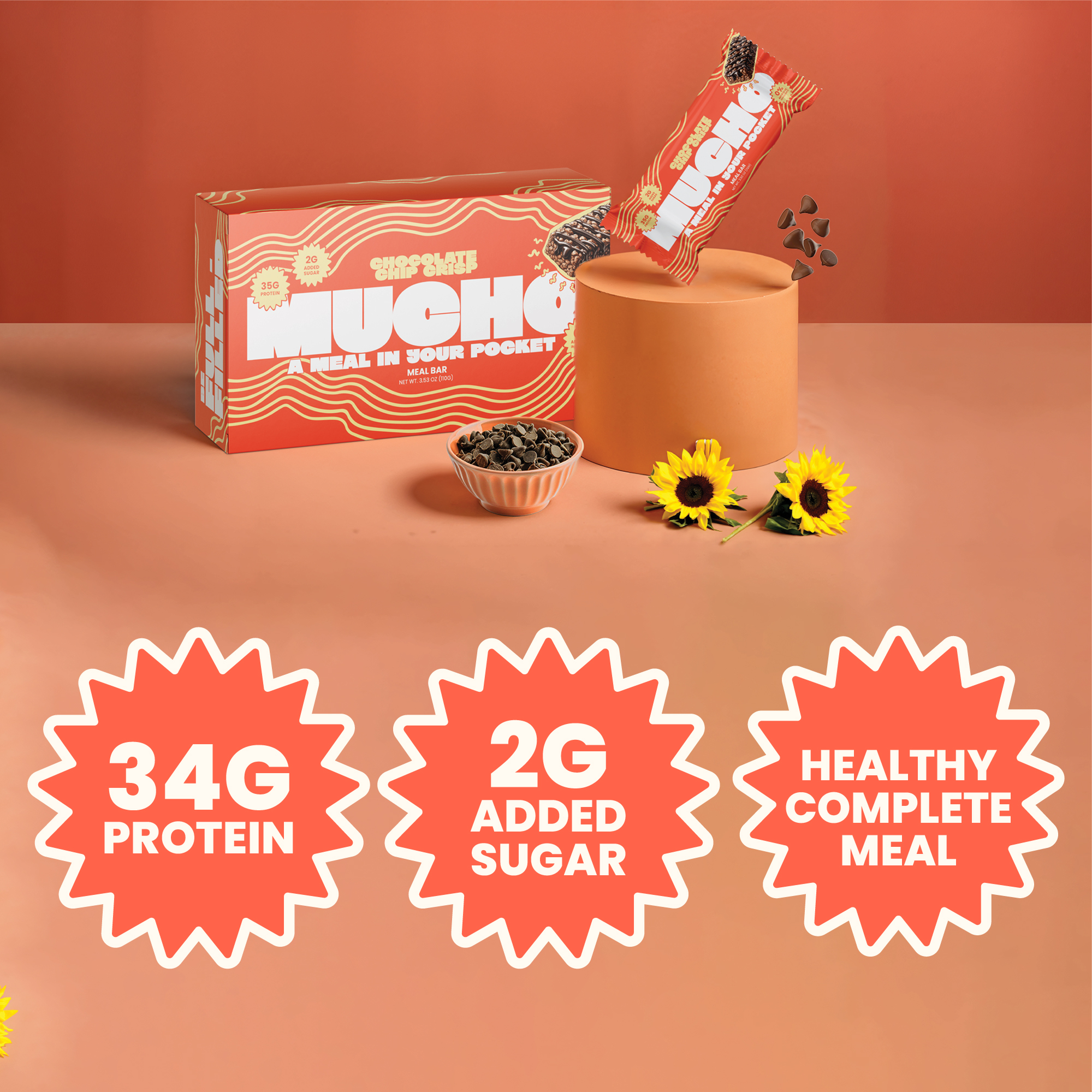 Protein bar packaging with nutritional information and sunflowers on an orange background.