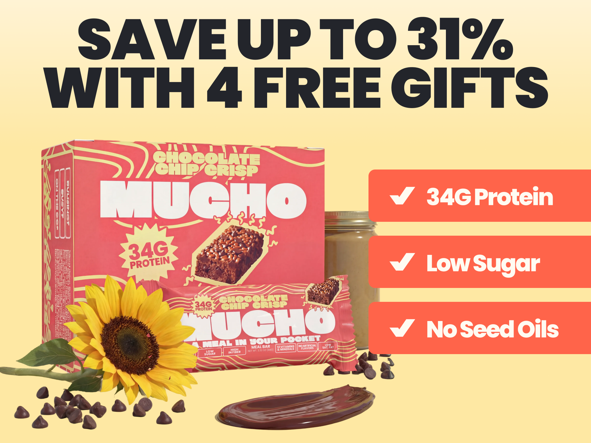 Advertisement for Mucho Chocolate Chip Crisp protein bars, showing the box, a bar, a sunflower, and chocolate chips.
