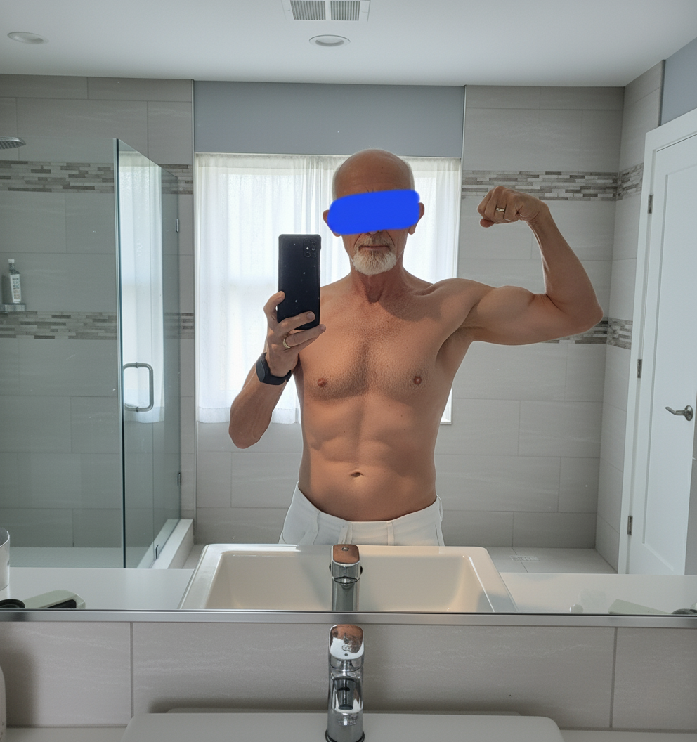 Man taking a shirtless selfie in a bathroom mirror, flexing one arm.
