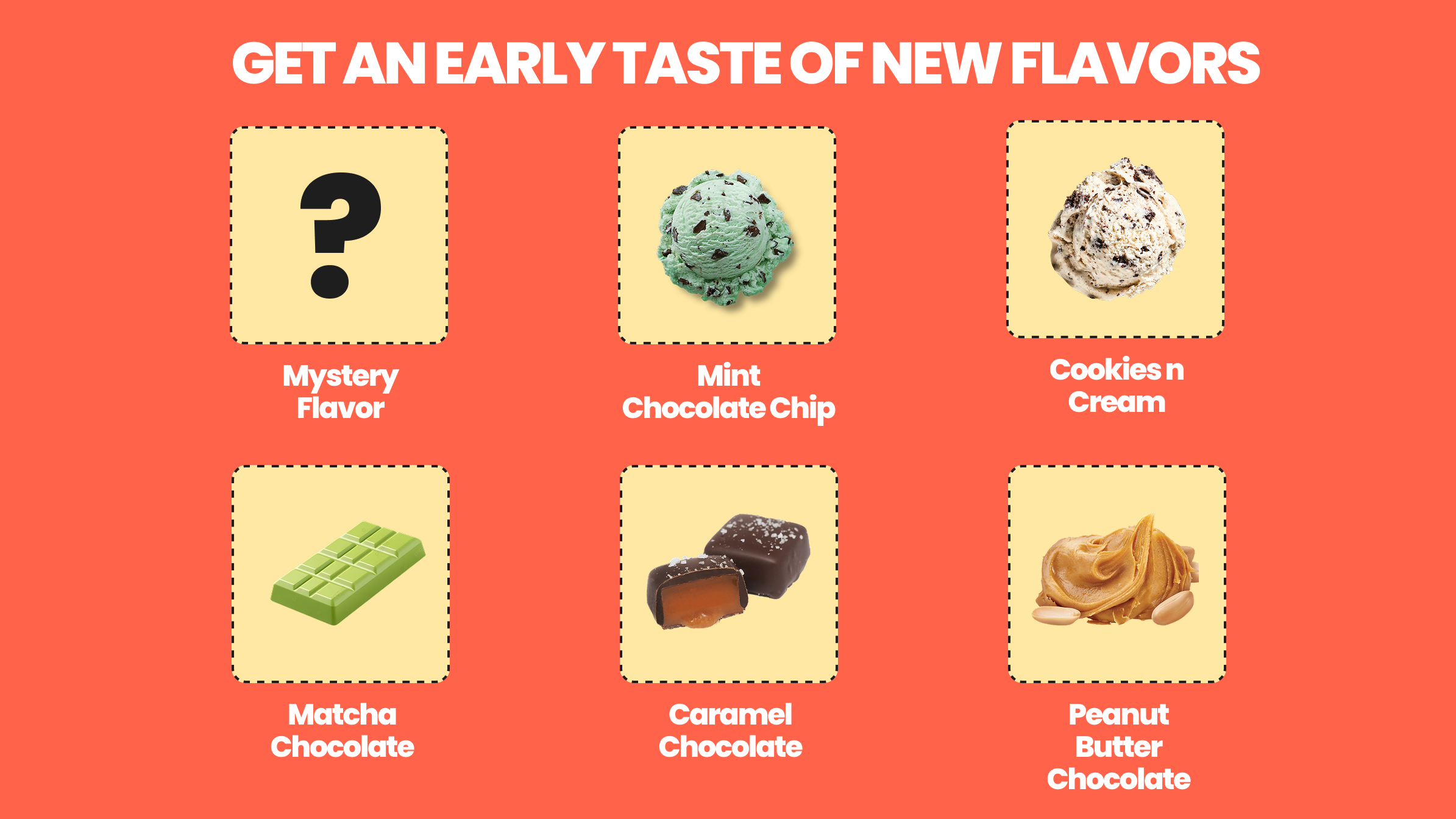 A promotional graphic with images of six different flavors of ice cream and chocolate on a red background.