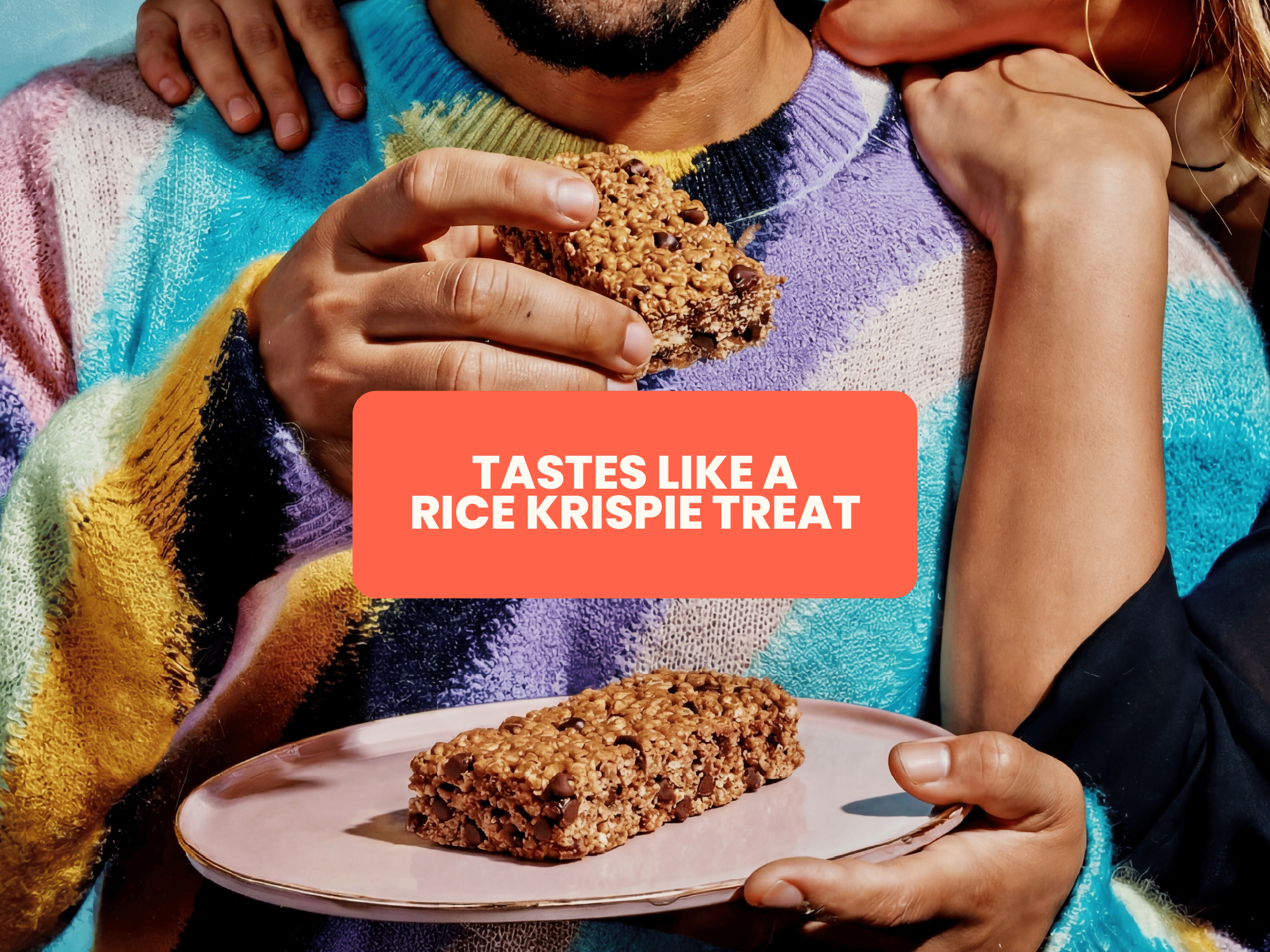 Advertisement for Mucho Chocolate Chip Crisp protein bars, showing the box, a bar, a sunflower, and chocolate chips.