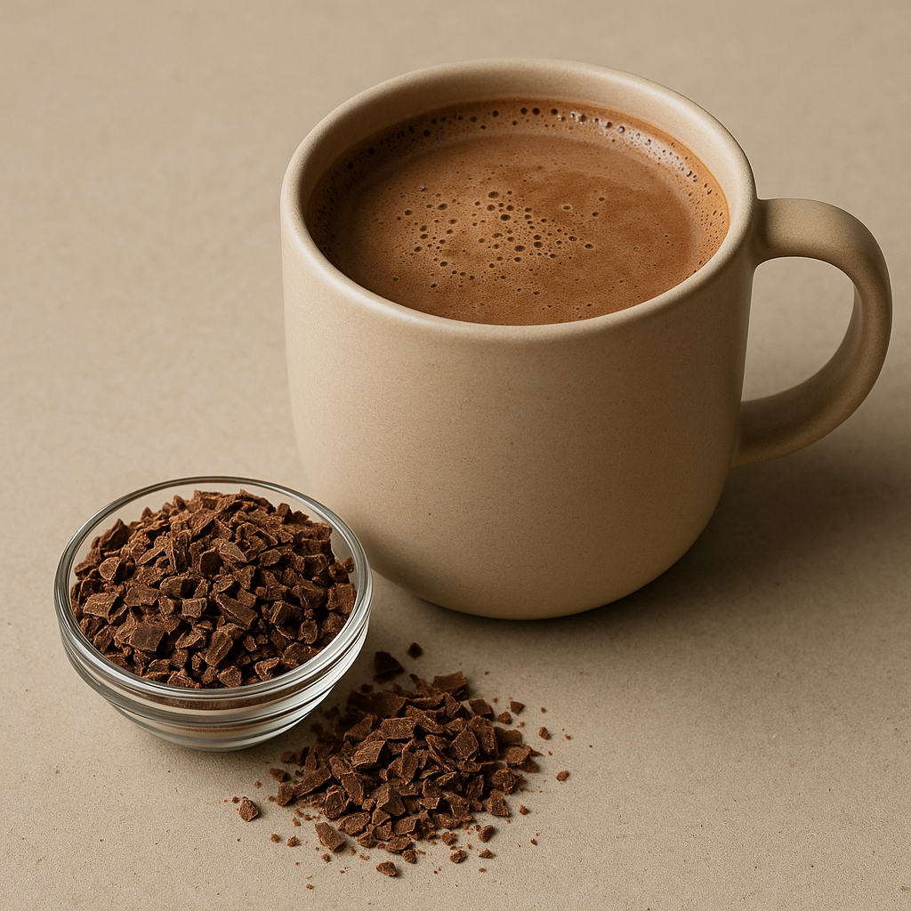 A beige mug of hot chocolate with a bowl of chocolate shavings.