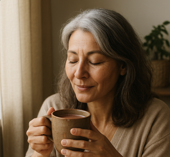 Woman with gray hair enjoying a cup of coffee by a window.