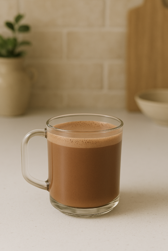 Clear glass mug filled with frothy chocolate beverage on a kitchen counter.