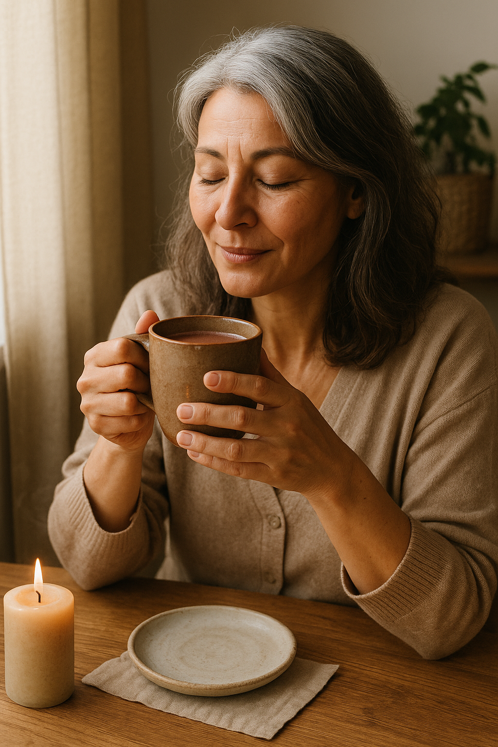 Woman enjoying a hot drink with a candle on the table.