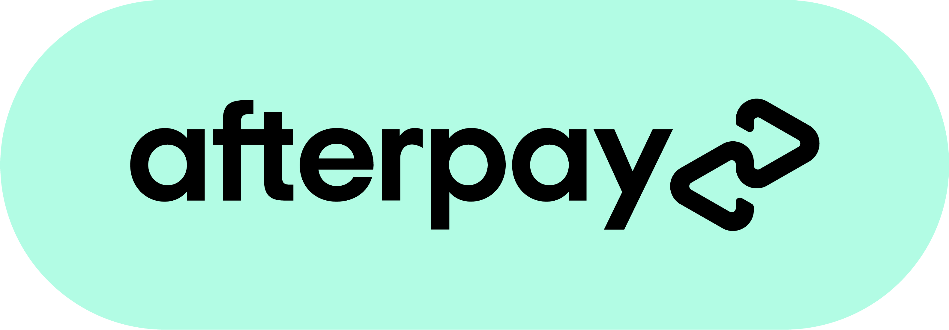 The Afterpay logo, featuring the word in black letters on a mint green background with two arrows.