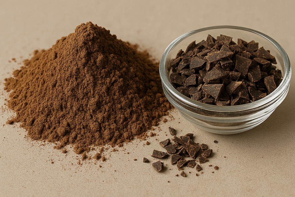 Pile of cocoa powder and bowl of chocolate chunks on a beige surface.