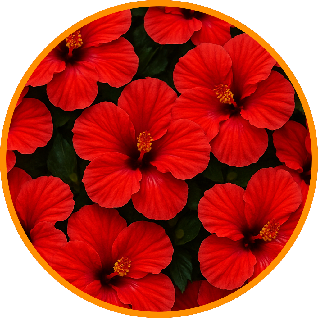Cluster of vibrant red hibiscus flowers with green leaves.