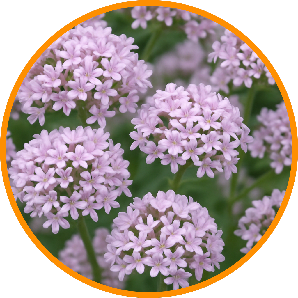 Cluster of small pink flowers with green leaves in the background.