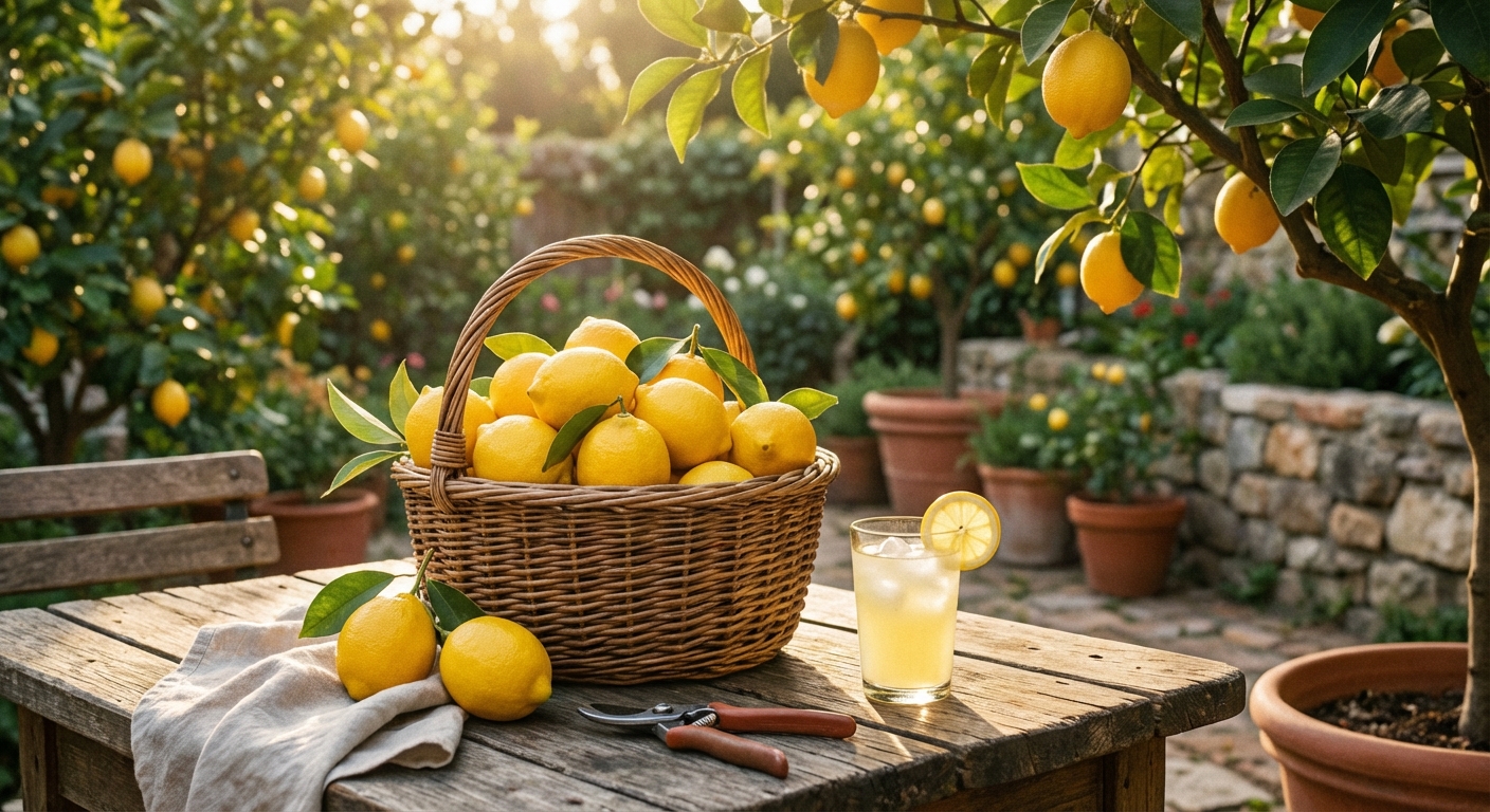 A basket of lemons and a glass of lemonade sit on a wooden table in a lemon grove.