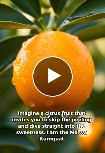 A close-up of a wet kumquat on a branch with a video play button and text overlay.