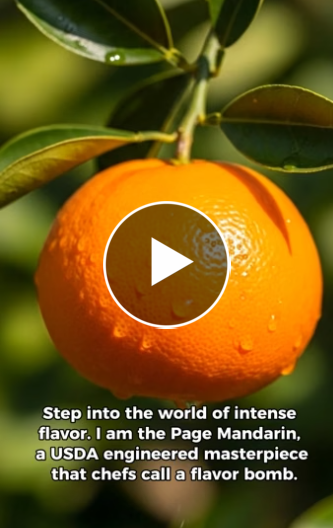 A close-up of a wet Page Mandarin orange on a branch, with a video play button overlay.