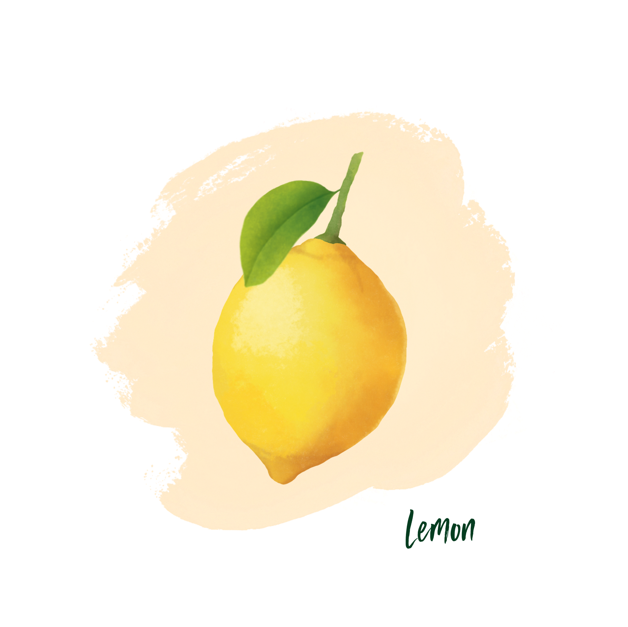 Illustration of a lemon with leaves on a beige paint-like background.