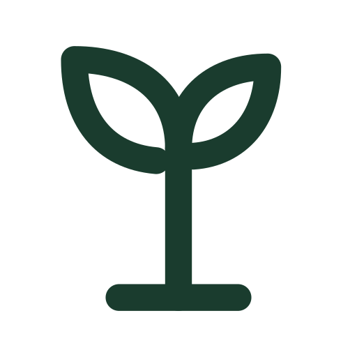 A simple dark green icon of a plant sprout with two leaves.