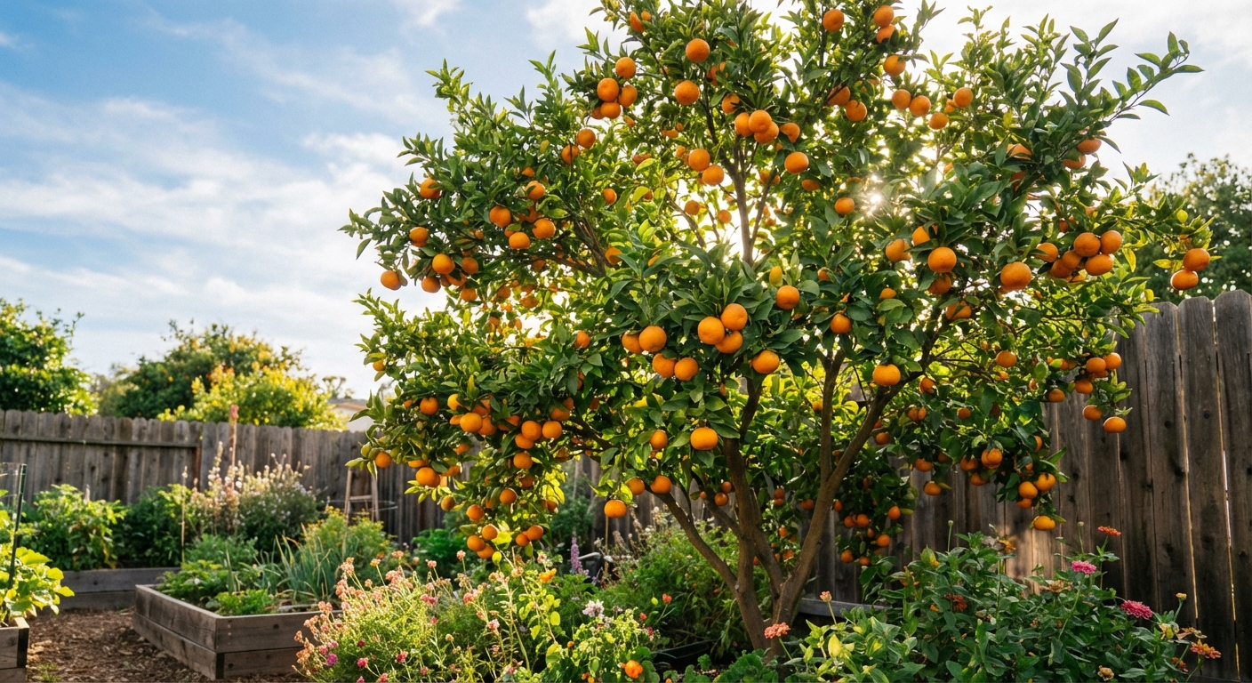 An orange tree laden with fruit in a sunny backyard garden with raised beds and a wooden fence.