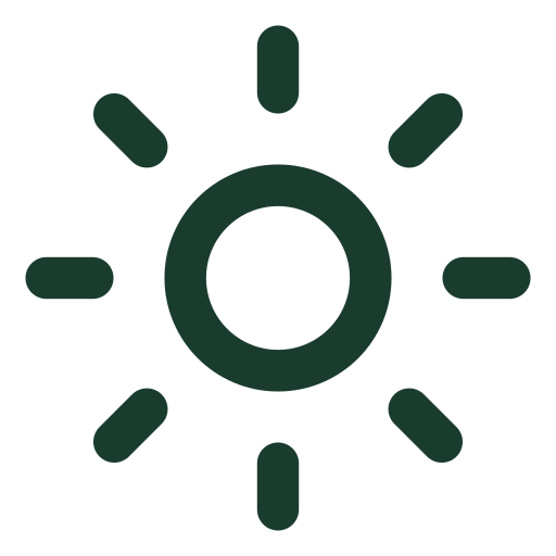A dark green, stylized icon of the sun on a white background.
