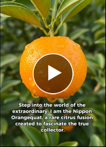 A close-up of a wet Nippon Orangequat hanging from a branch, with a video play button overlay.