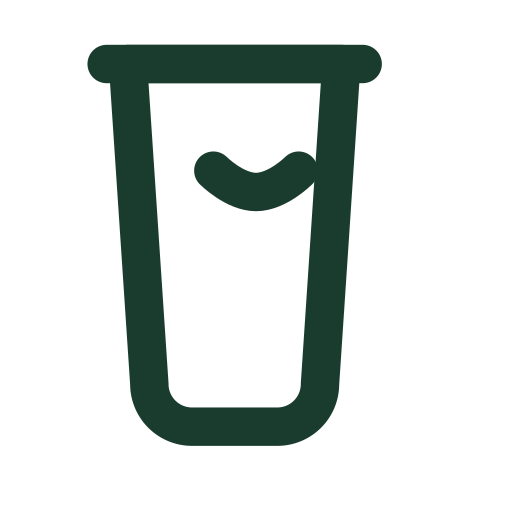 A dark green line-art icon of a glass with a small amount of liquid inside.